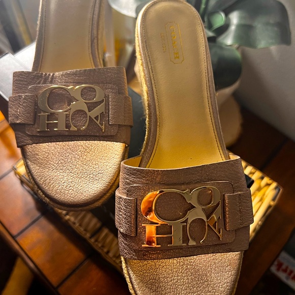 Coach Carlana Metallic Leather Wedge Sandals - Picture 1 of 4